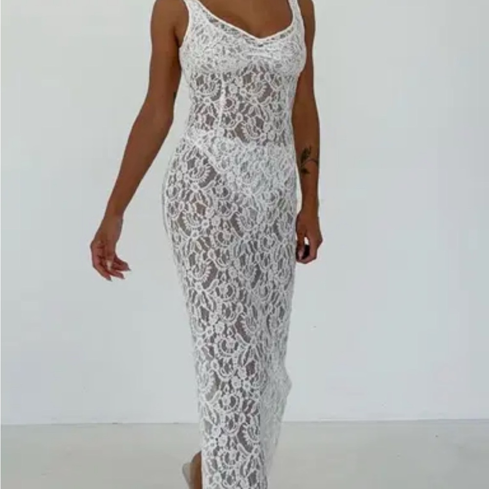 Rumored Chateau White Lace Midi Dress with matching bralette